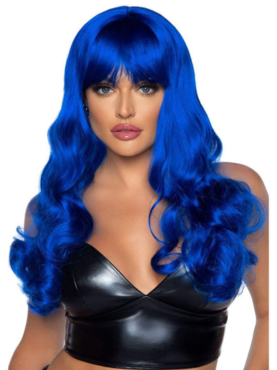 Vivid Blue Long Wavy Costume Wig With Bangs