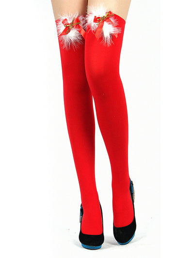 Red Thigh High Opaque Christmas Stockings with Fur & Bow Trim