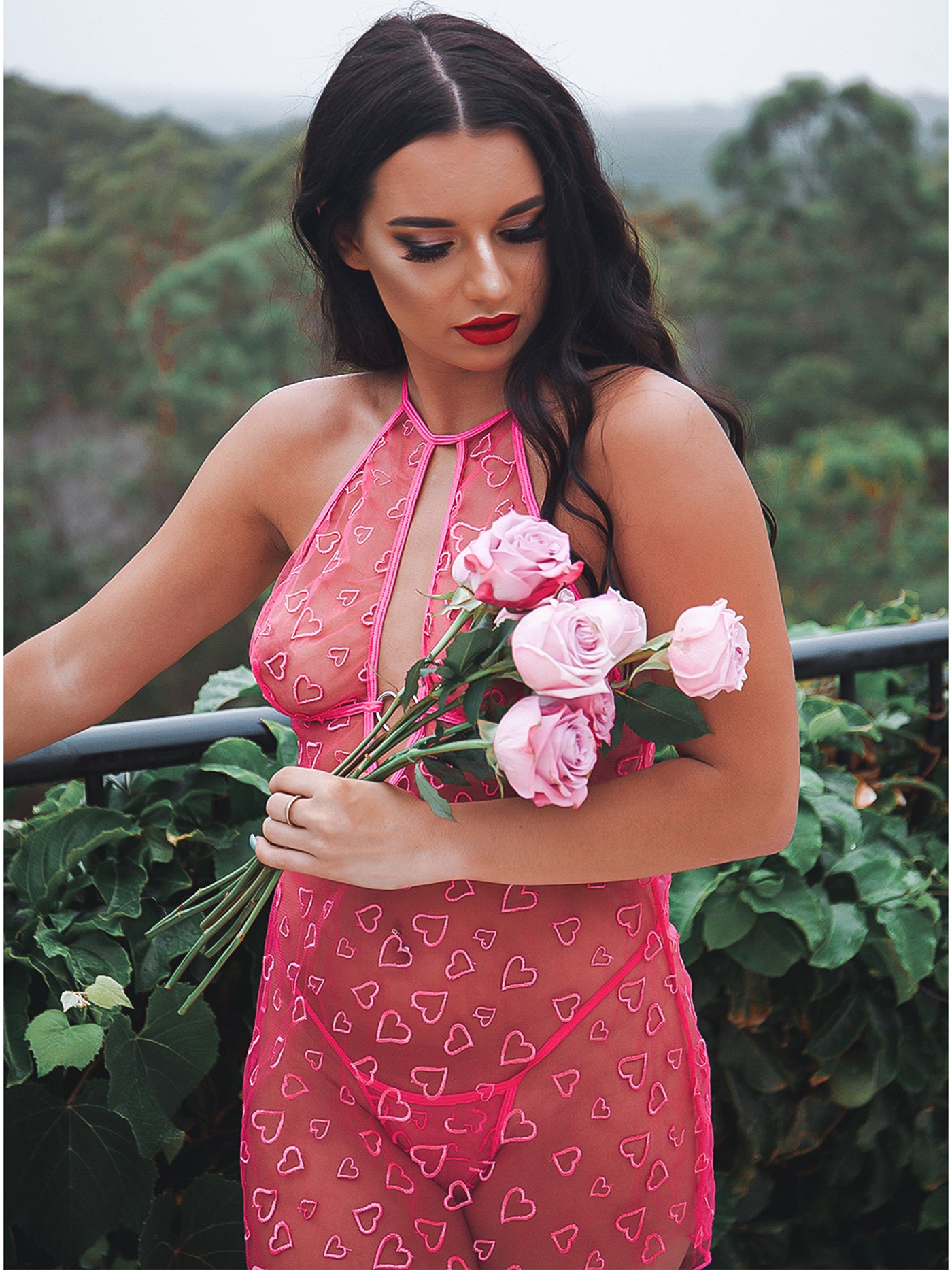 Chasin Hearts 2-Piece Heart Embroidery Mesh Chemise Set - Costumes & Lingerie Australia