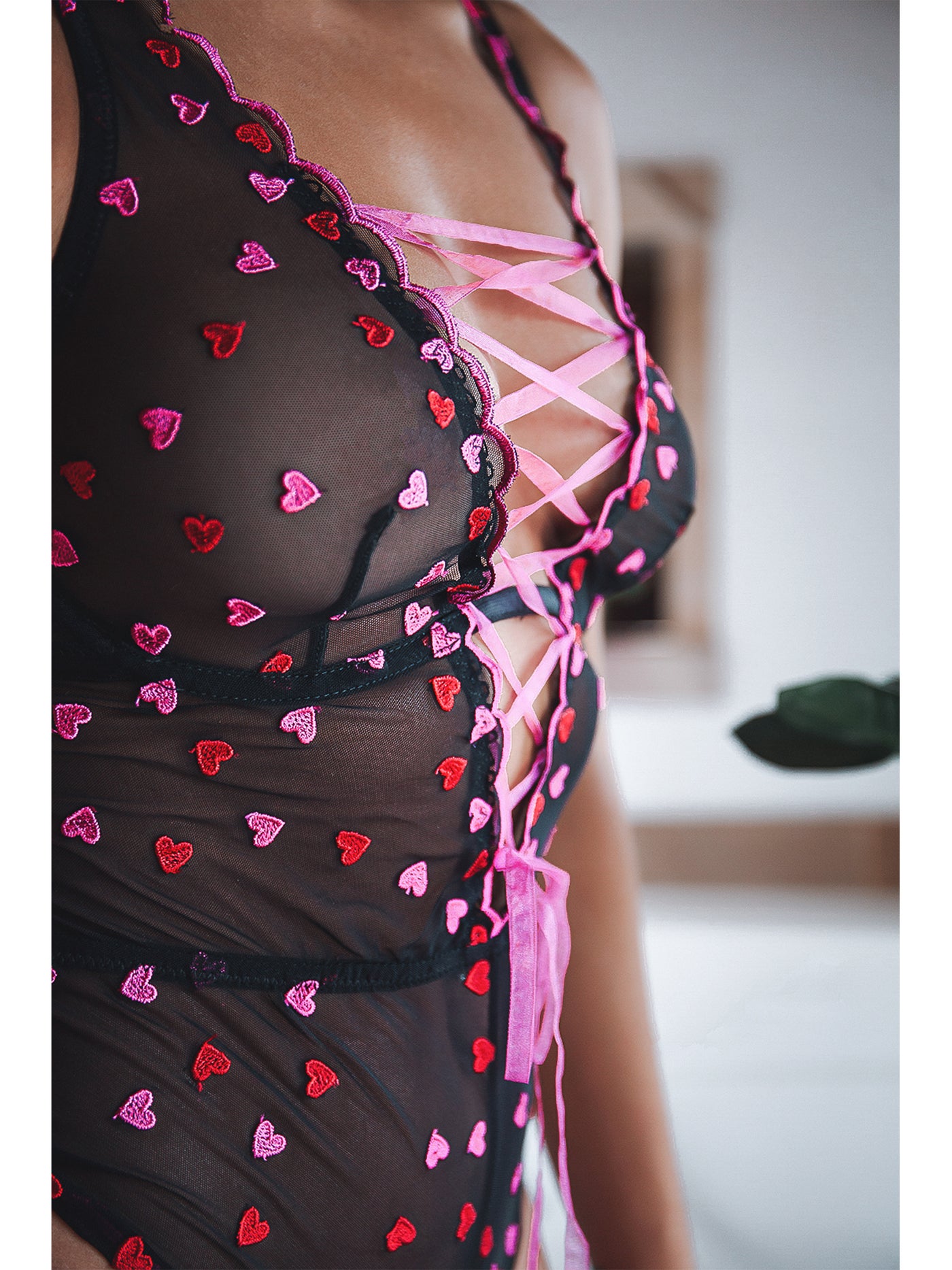 Pretty Love Pink and Red Heart Embroidery Stretch Mesh Bodysuit - Costumes & Lingerie Australia