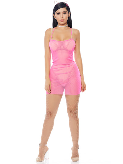 Sexy Neon Pink Mesh Cami Mini Dress - Shop Fortune Costumes Lingerie