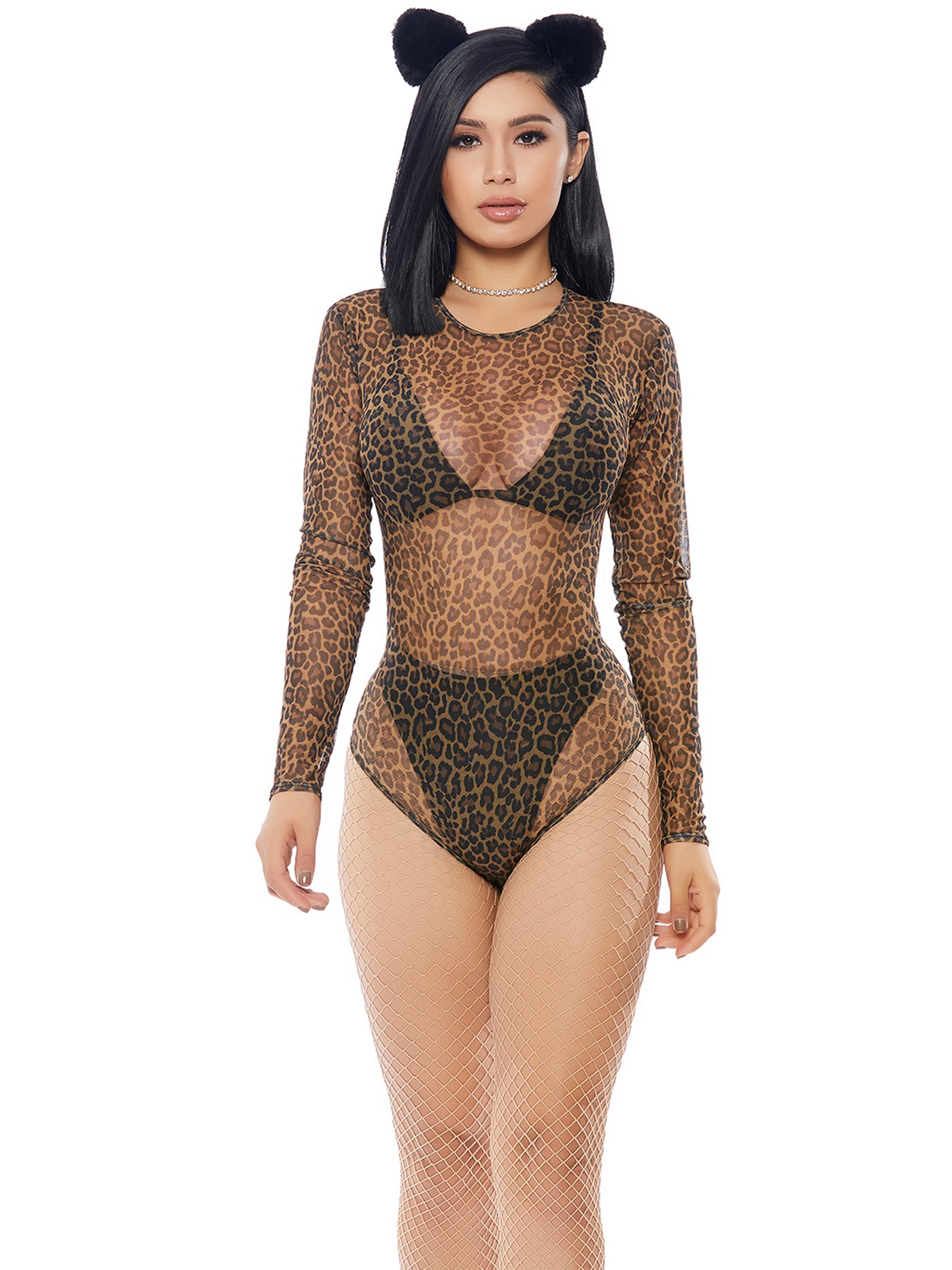 Womens Sexy Leopard Print Micronet Bodysuit Costume - Shop Fortune Costumes Lingerie