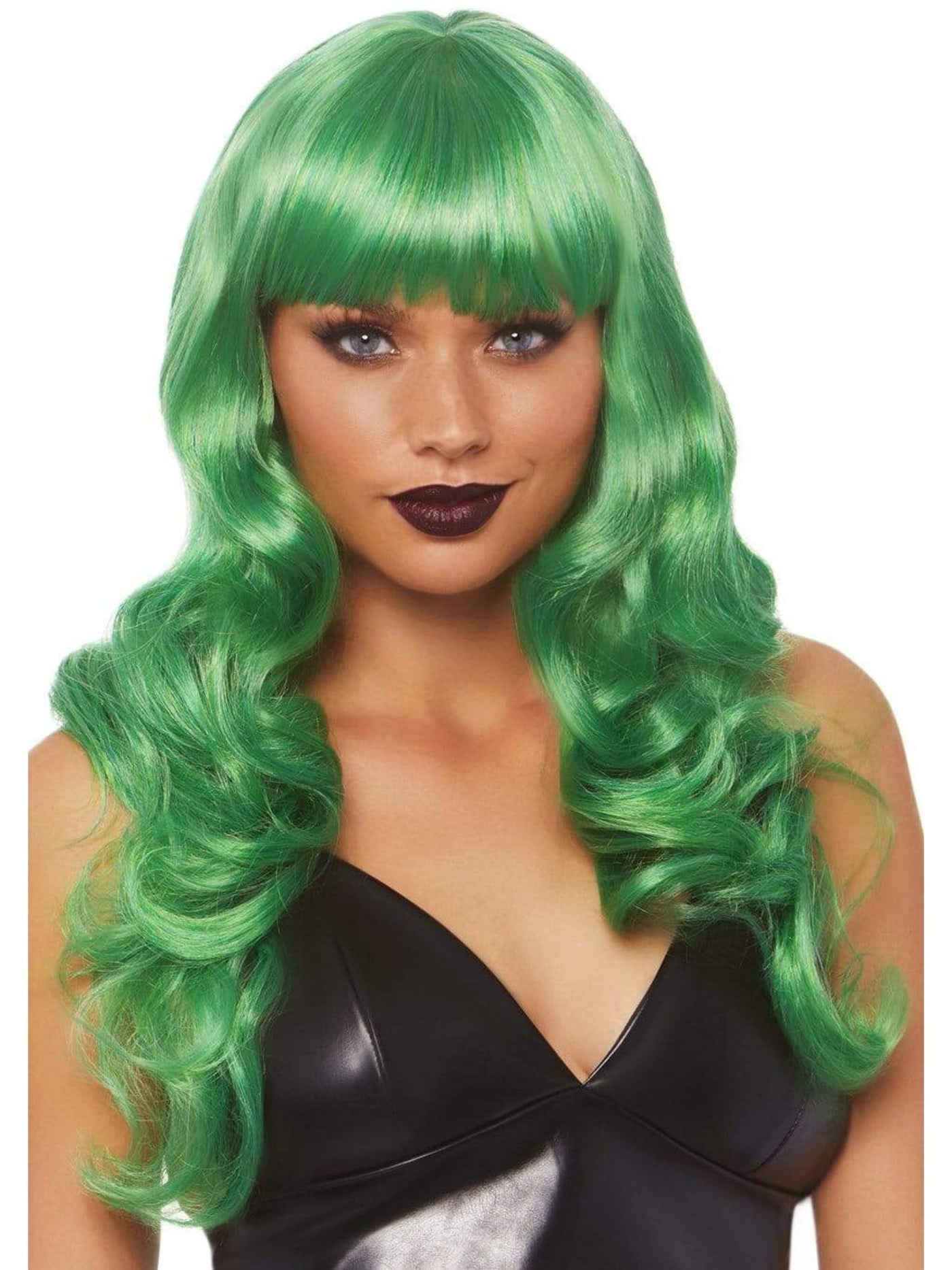 Vivid Green Long Wavy Wig With Bangs - Shop Fortune Costumes Lingerie
