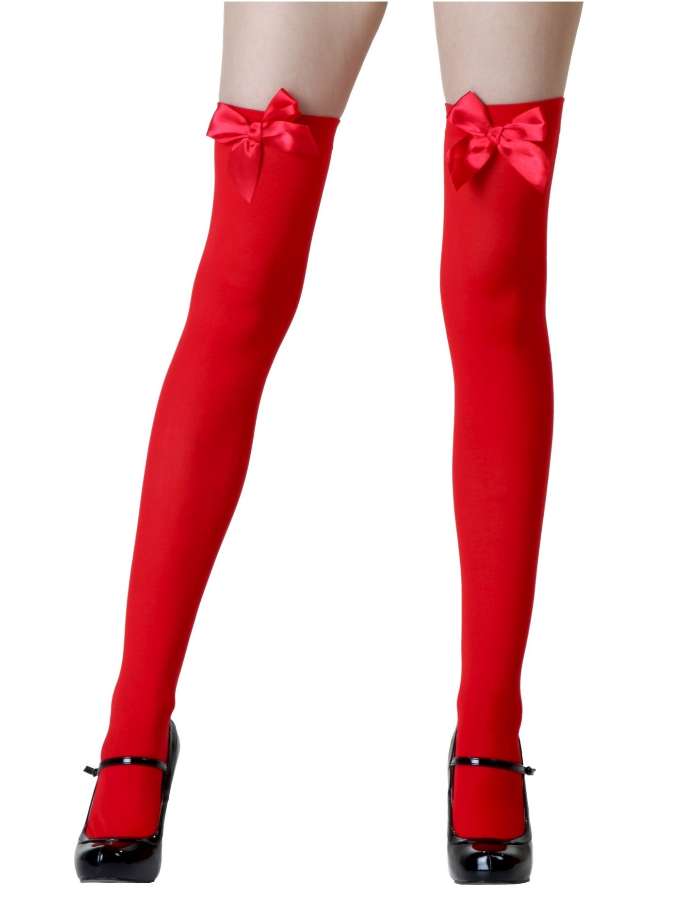 Red Opaque Thigh High Stockings with Satin Bows