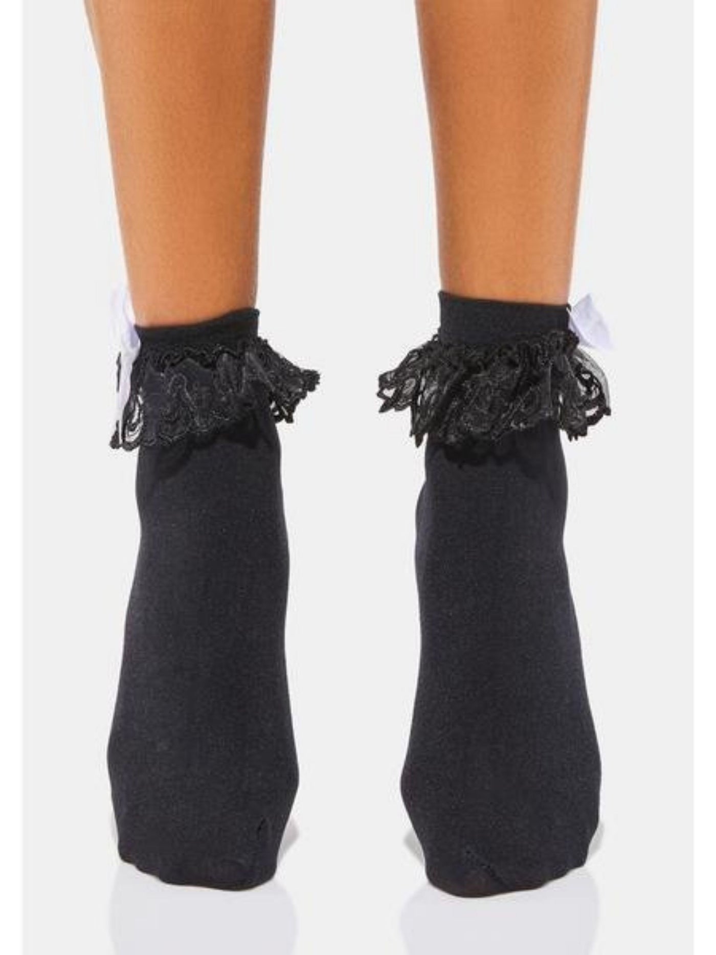 Gothic Lolita Black Ruffle Ankle Socks with White Bow