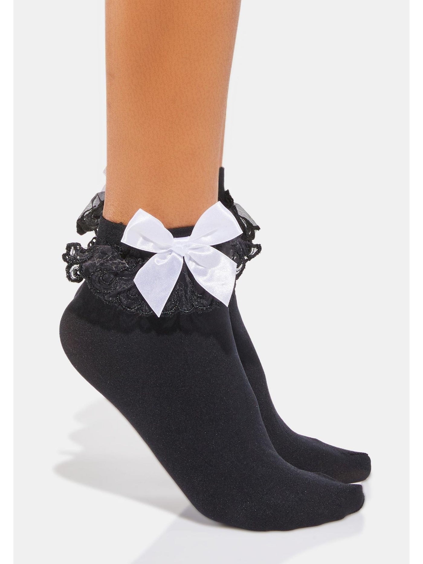 Gothic Lolita Black Ruffle Ankle Socks with White Bow