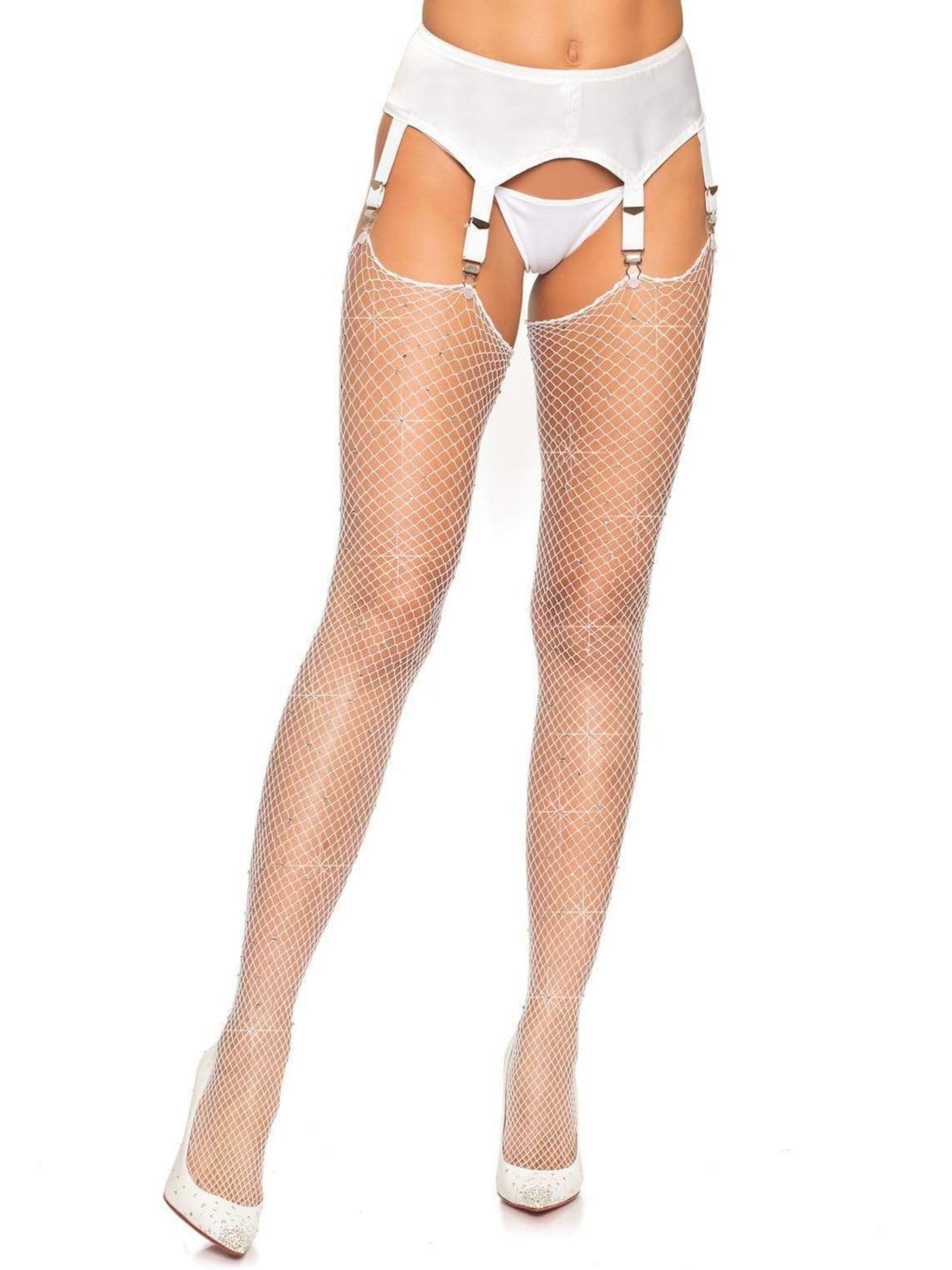 White Fishnet Thigh High Suspender Stockings with Rhinestones