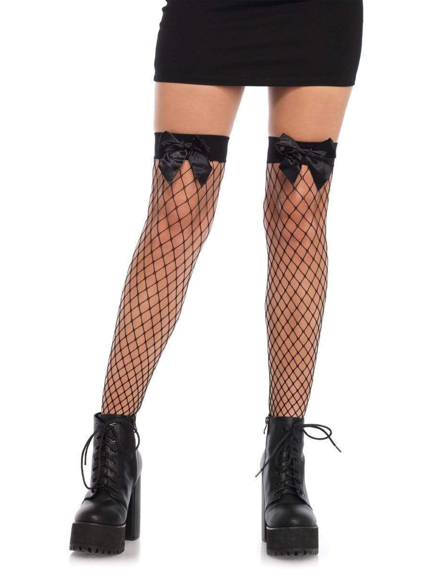Womens Large Diamond Fishnet Thigh High Stockings with Lace Top & Black Satin Bow - Costumes & Lingerie Australia