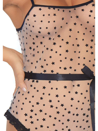 Starry Eyed Sheer Flocked Star Print Bodysuit - Costumes & Lingerie Australia