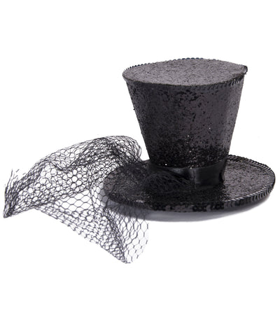 Mini black glitter top hat with veil - Costumes & Lingerie Australia